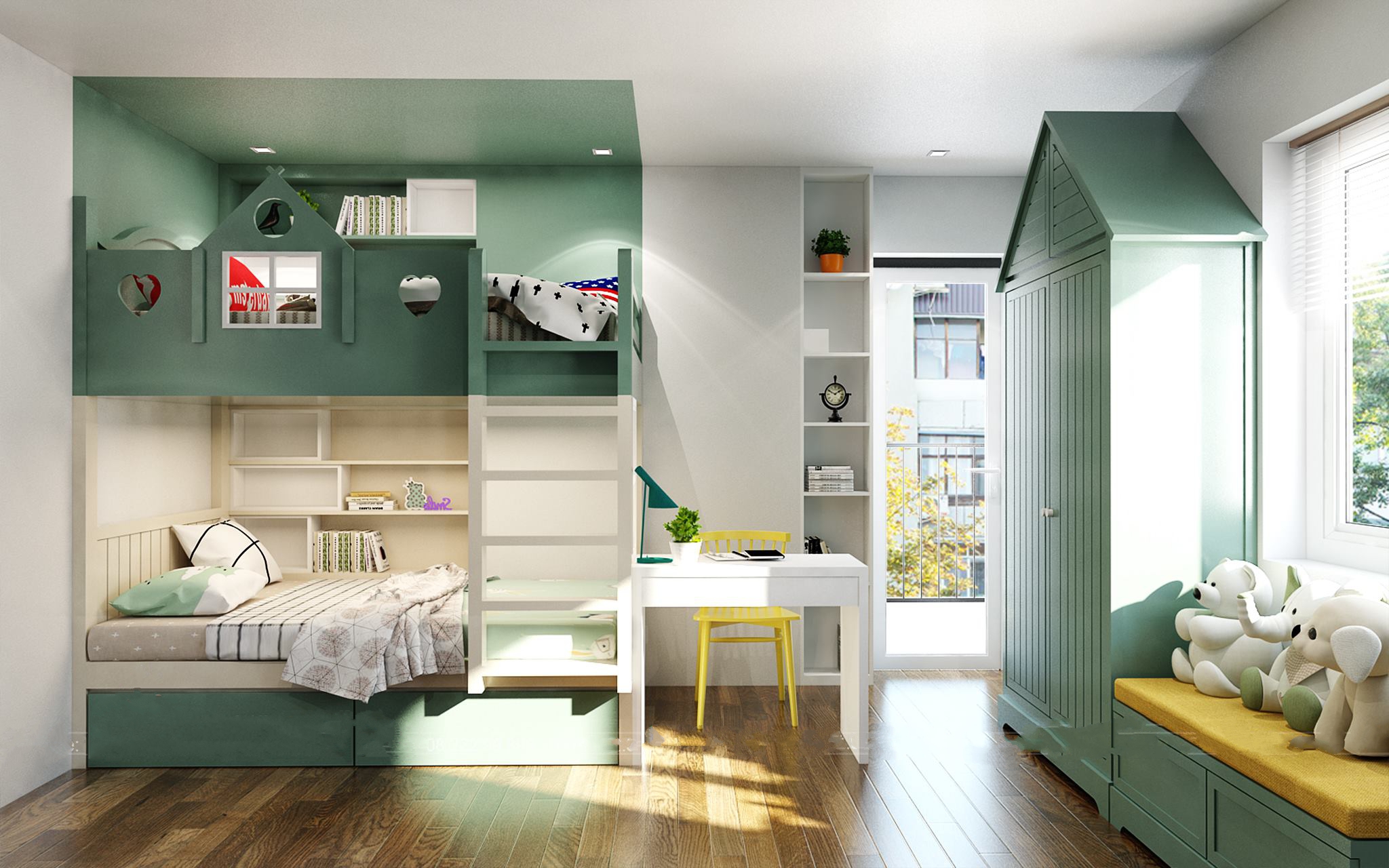 Giường tầng h&igrave;nh ng&ocirc;i nh&agrave; m&agrave;u xanh l&aacute;