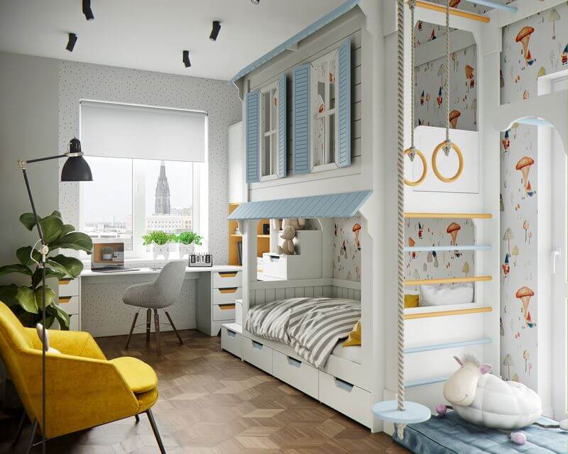 Giường tầng h&igrave;nh ng&ocirc;i nh&agrave; cửa m&agrave;u xanh dương