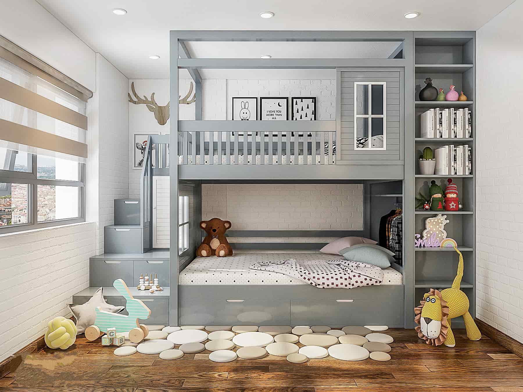 Giường tầng h&igrave;nh ng&ocirc;i nh&agrave; m&agrave;u x&aacute;m