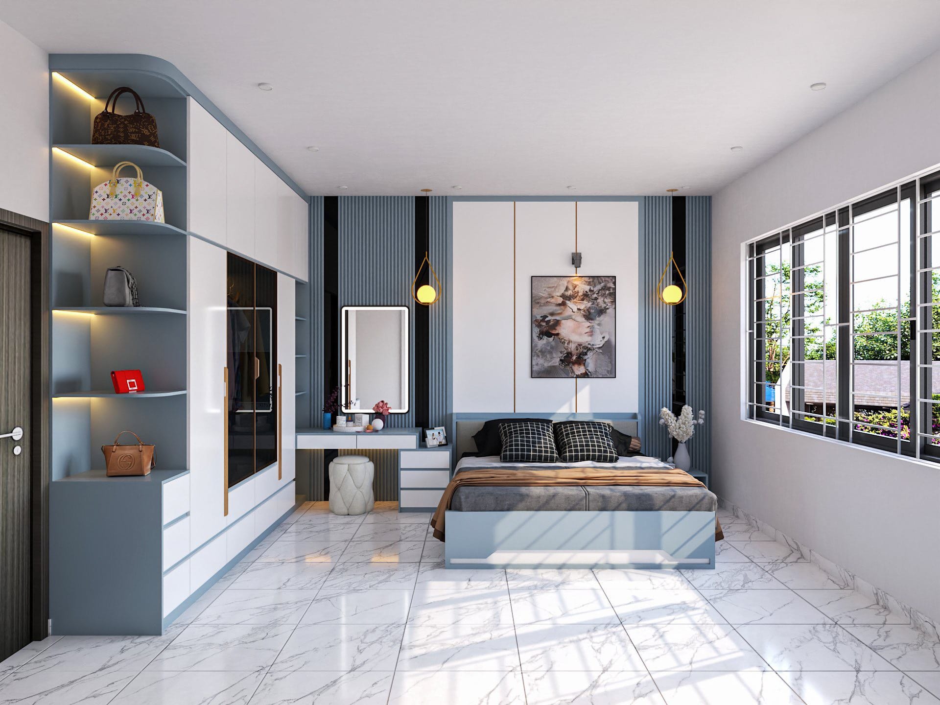 Giường có ngăn kéo màu xanh