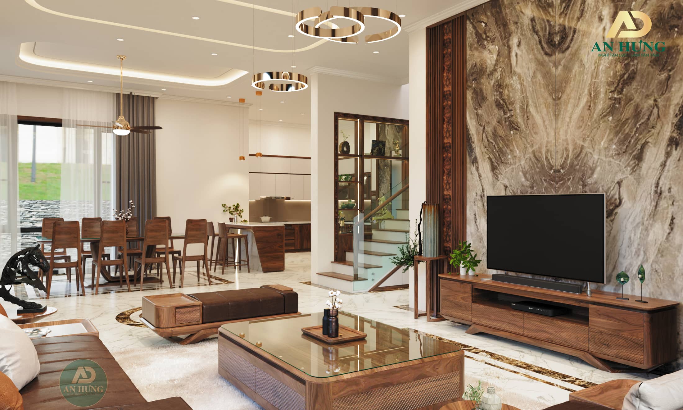 Nội thất gỗ tự nhi&ecirc;n ph&ograve;ng kh&aacute;ch nh&agrave; phố hiện đại
