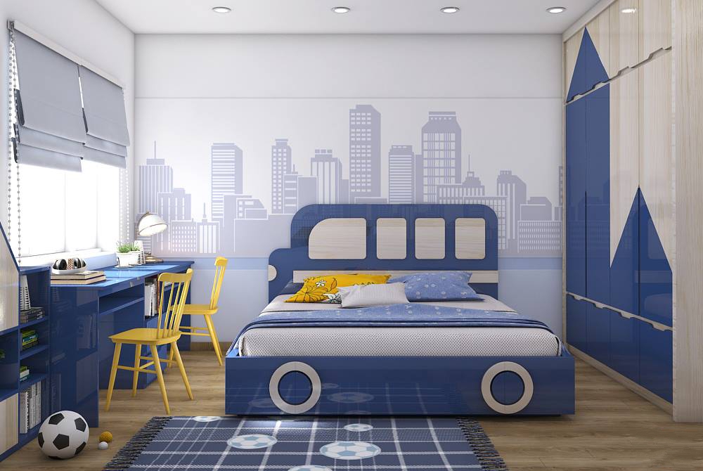 B&agrave;n học với tone m&agrave;u xanh v&agrave;ng bắt mắt