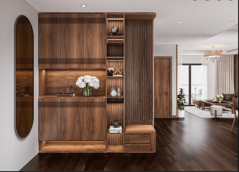 Tủ gi&agrave;y gỗ &oacute;c ch&oacute; kịch trần cao cấp với ghế đ&ocirc;n v&agrave; nhiều ngăn tủ 