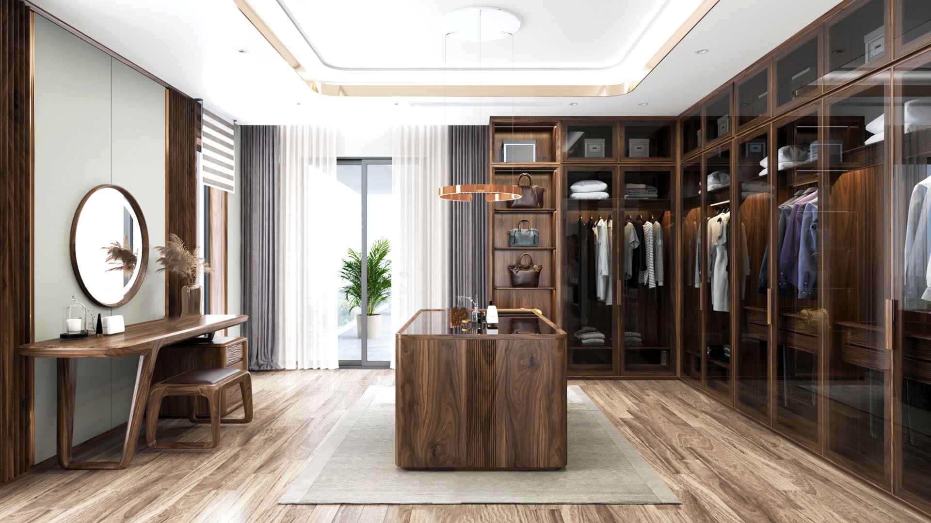 Kh&ocirc;ng gian thay đồ rộng v&agrave; tho&aacute;ng nhờ chiếc gương trang điểm v&agrave; cửa sổ lớn