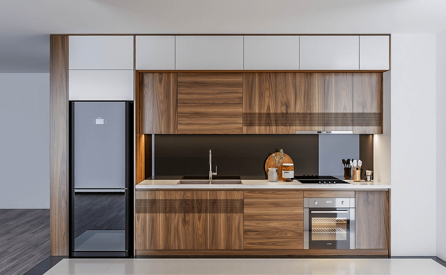 Mẫu tủ bếp gỗ &oacute;c ch&oacute; chữ I kết hợp c&aacute;nh tủ phủ melamine