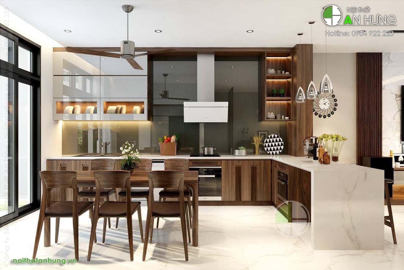 Bố tr&iacute; tủ bếp gỗ &oacute;c ch&oacute; chữ L cao cấp