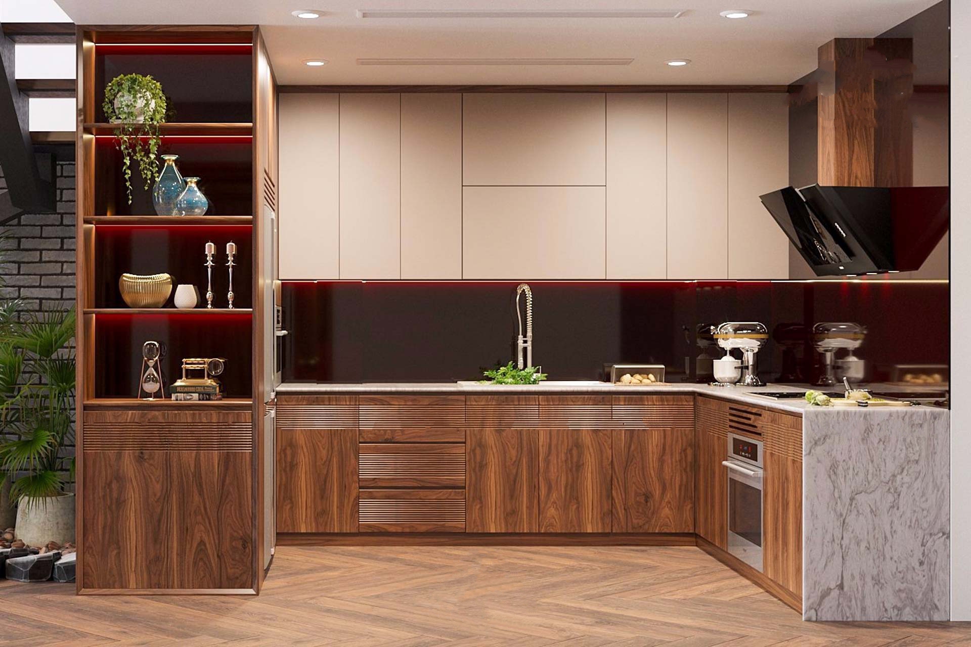Tủ bếp gỗ &oacute;c ch&oacute; chữ L t&iacute;ch hợp th&ecirc;m c&ocirc;ng năng trang tr&iacute;