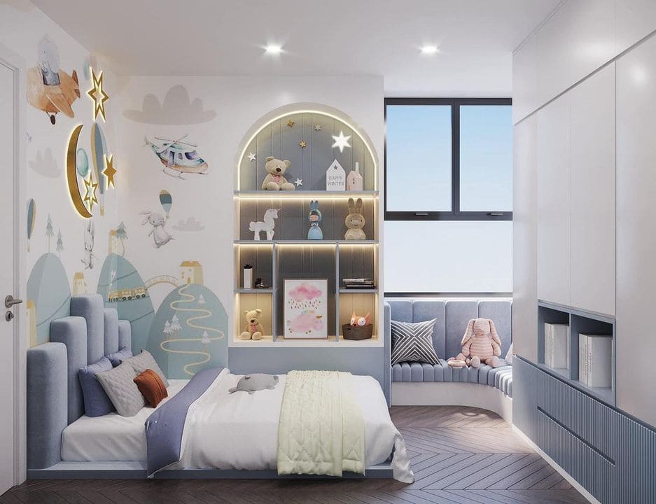 Nội thất chung cư 3 ph&ograve;ng ngủ m&agrave;u xanh