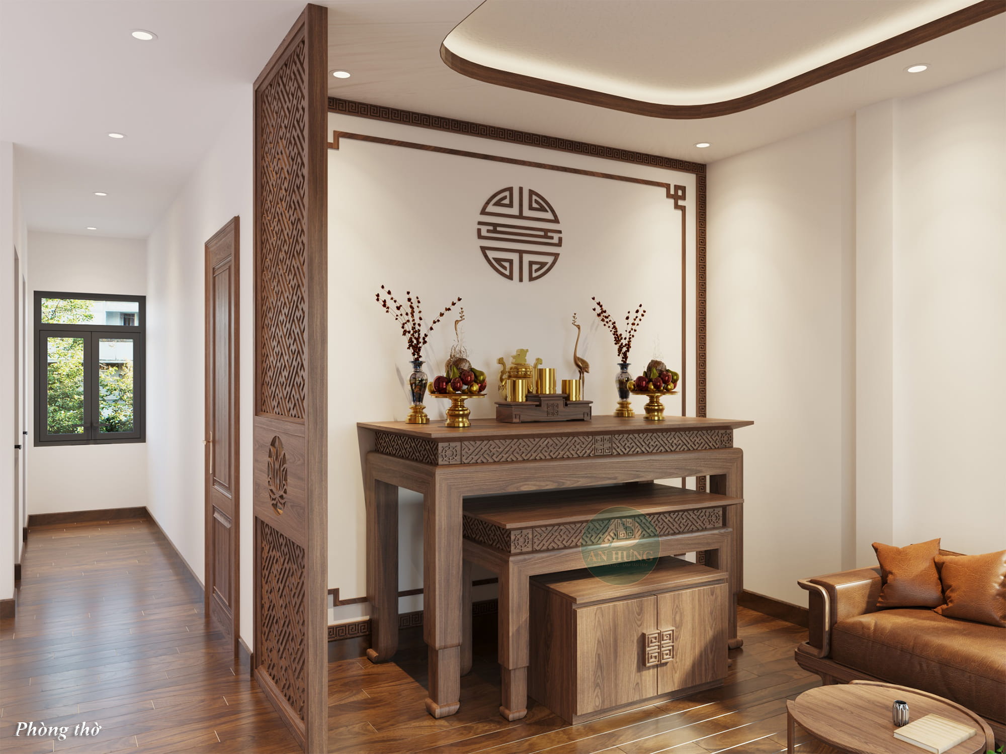 Mẫu bàn thờ gỗ tự nhiên được chế tác tinh xảo mang tới không gian thờ tự linh thiêng và trang trọng