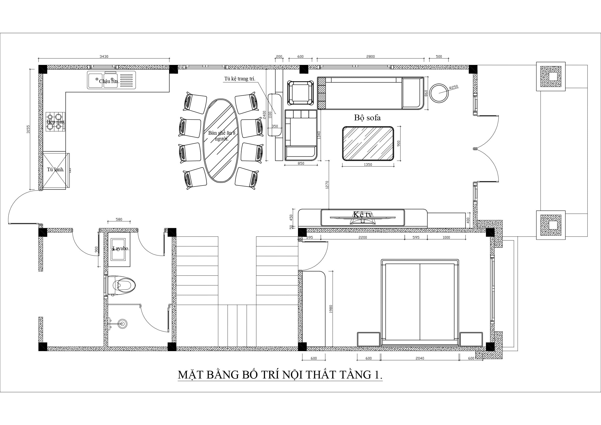 Mặt bằng bố trí nội thất tầng 1 - Dự án nhà đẹp tại Nghệ An