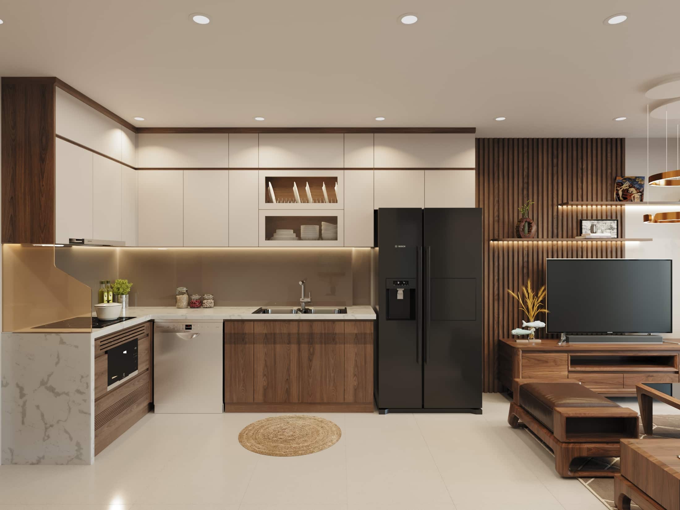 H&igrave;nh 2: Kiến tr&uacute;c ph&ograve;ng kh&aacute;ch liền bếp được ứng dụng trong kh&ocirc;ng gian nhỏ hẹp
