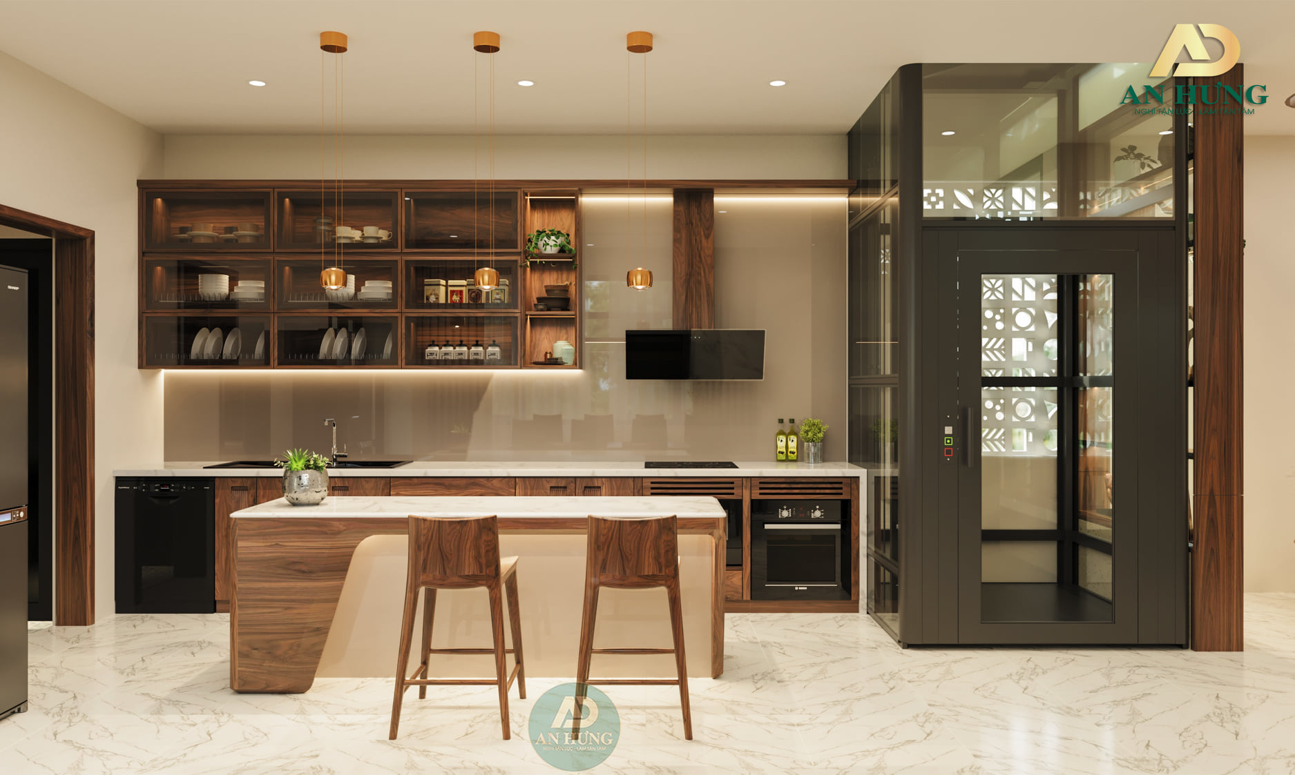 Tủ bếp gỗ óc chó cánh kính dáng chữ I - HH15