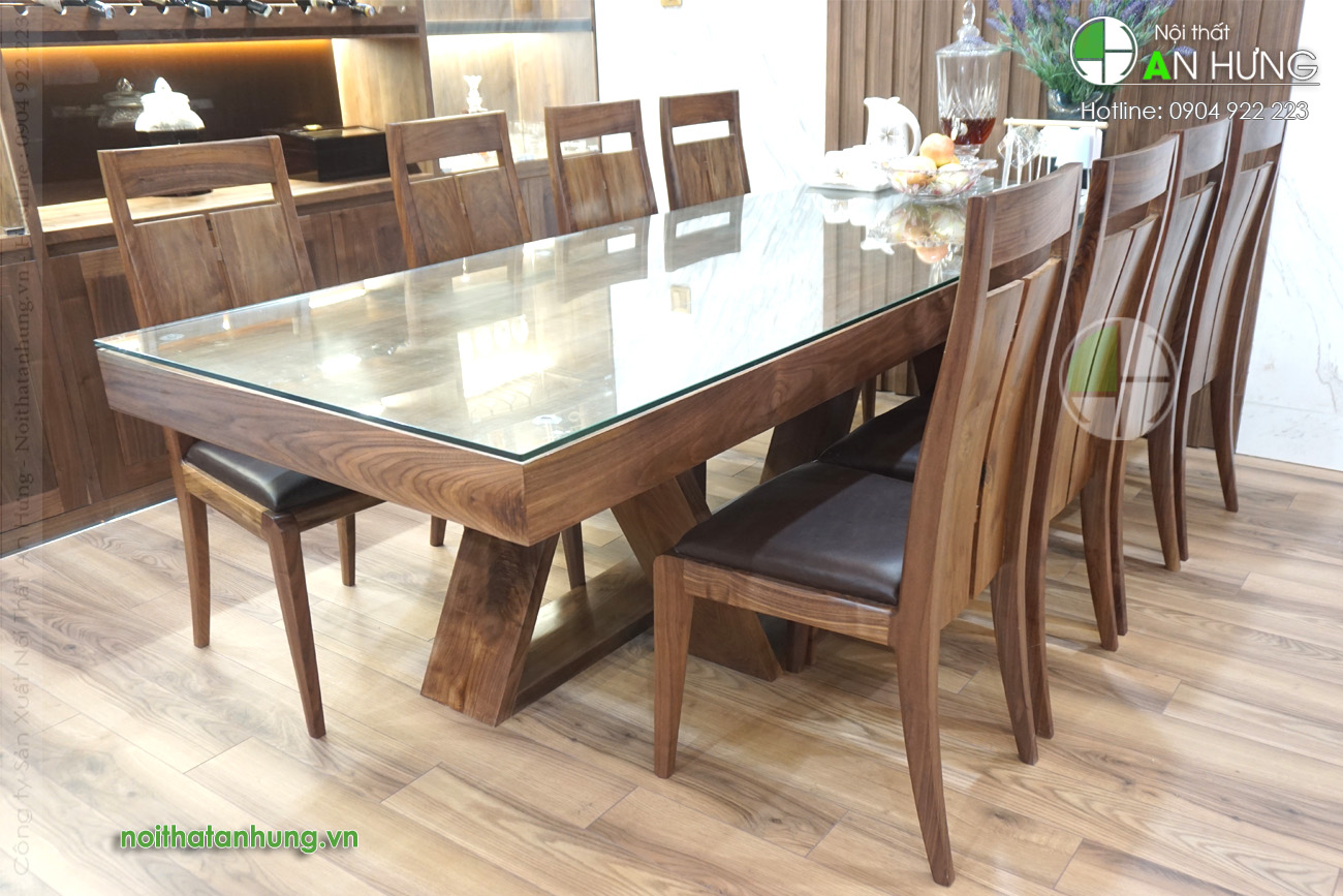 Bàn ghế ăn gỗ óc chó 8 ghế - KK15