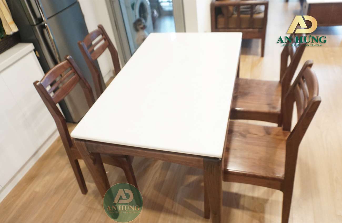 Bàn ghế ăn gỗ óc chó mặt đá 4 ghế - KK20