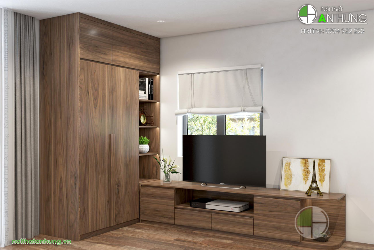 MẪU TỦ QUẦN ÁO KẾT HỢP KỆ TIVI GỖ ÓC CHÓ DẸP - EE17