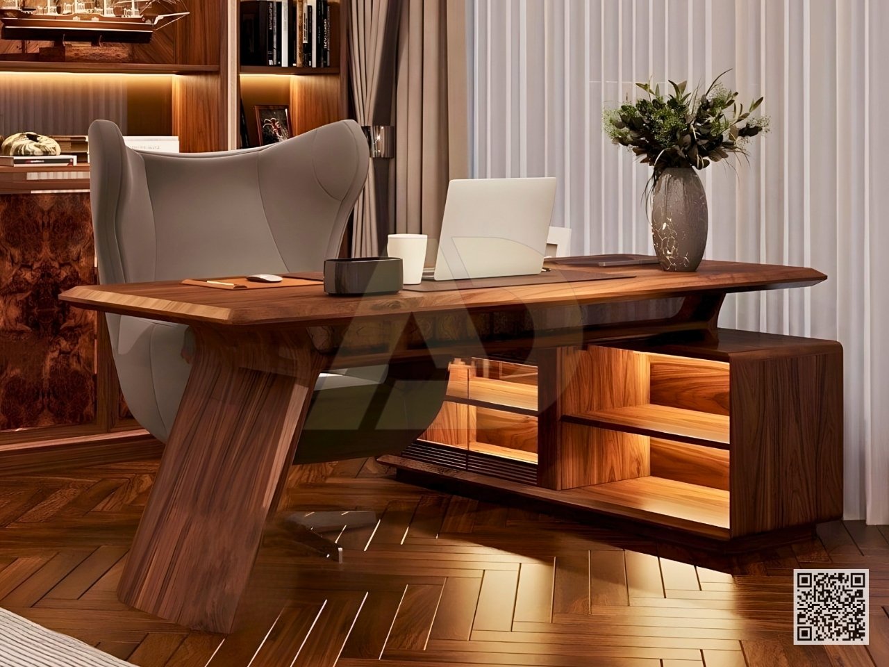BÀN LÀM VIỆC GỖ ÓC CHÓ KẾT HỢP TỦ - UU04
